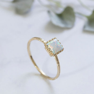 14K Yellow Gold White Opal Ring - Promise Ring , Handmade 