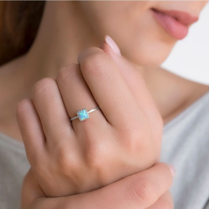 14K White gold Square Blue Opal Ring - Dainty Opal Gold Ring , Handmade 