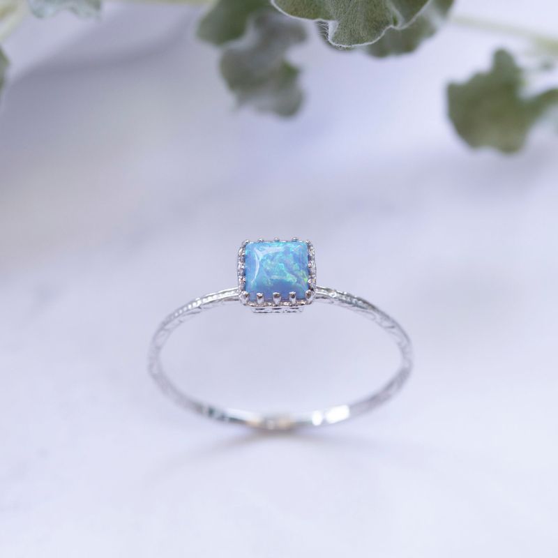 14K White gold Square Blue Opal Ring - Dainty Opal Gold Ring , Handmade 
