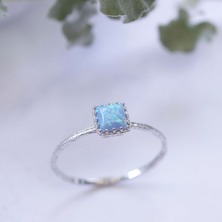 14K White gold Square Blue Opal Ring - Dainty Opal Gold Ring , Handmade 