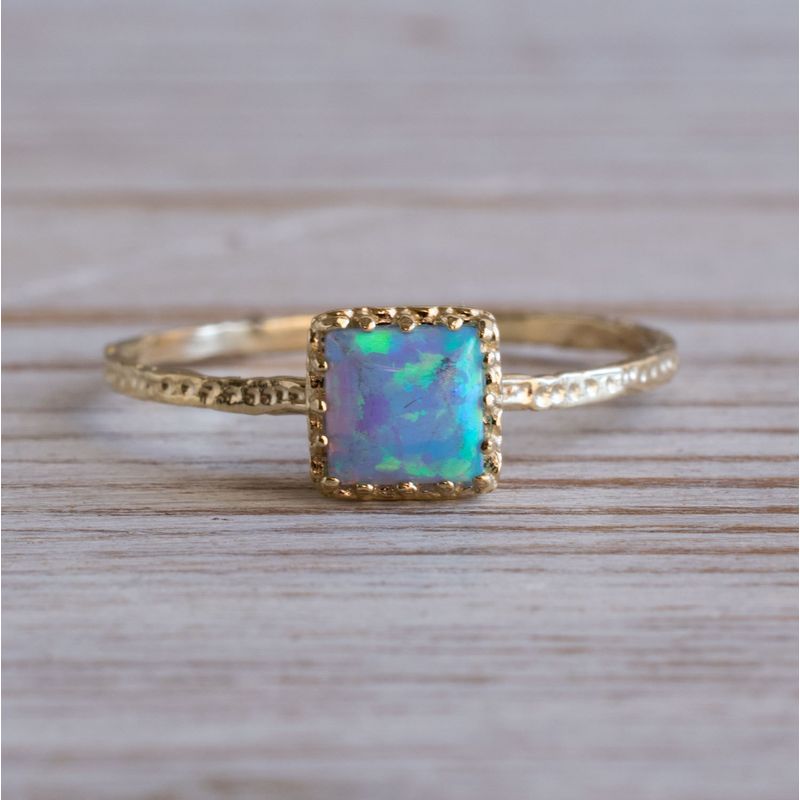 14K Yellow Gold Squere Blue Opal Ring - Dainty Jewelry , Handmade 