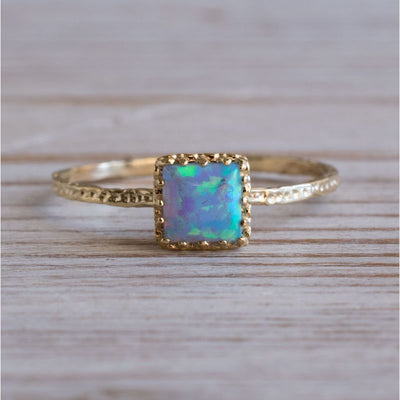 14K Yellow Gold Squere Blue Opal Ring - Dainty Jewelry , Handmade 