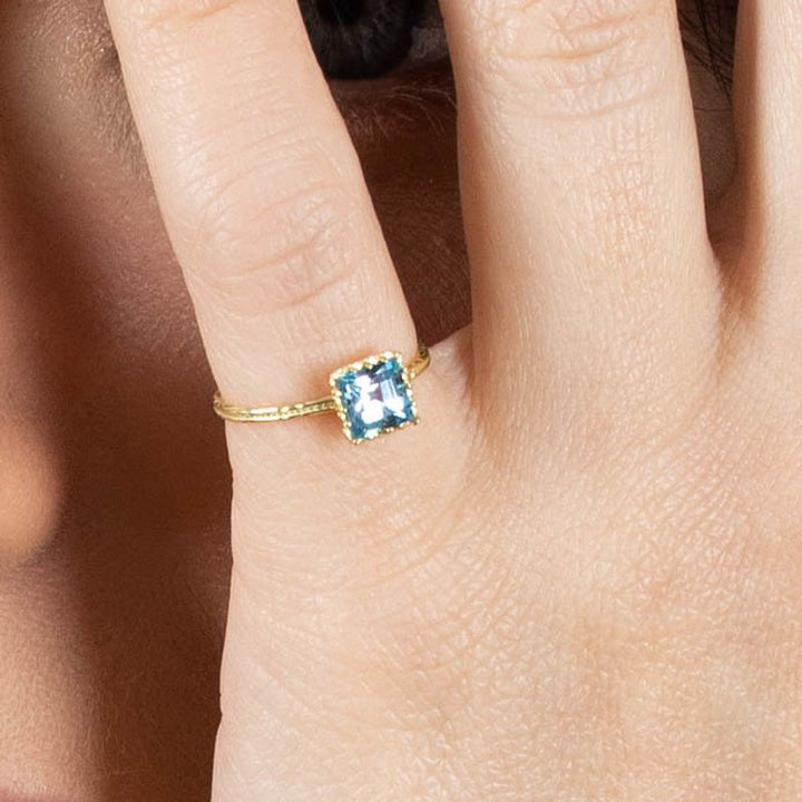 14K Yellow Gold Square Blue Blue Topaz Ring - Minimalist Ring , Handmade 