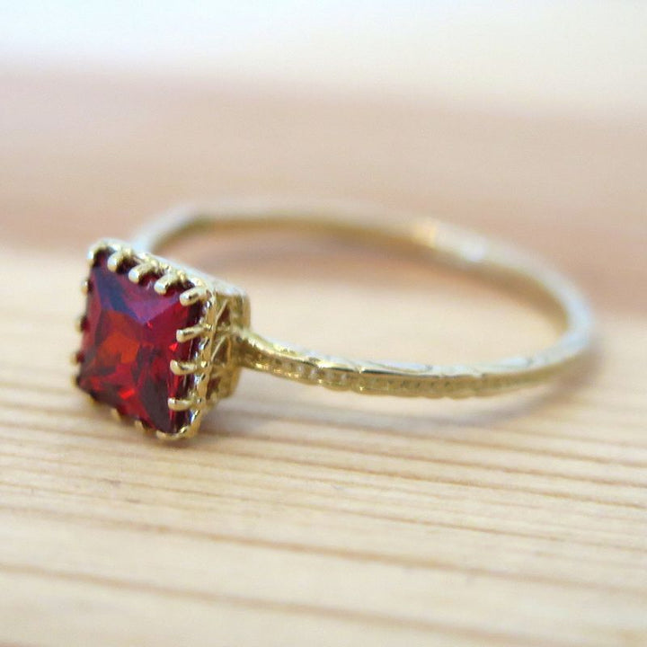 14K White gold Squere Red Garnet Ring - Engagement Ring , Handmade 