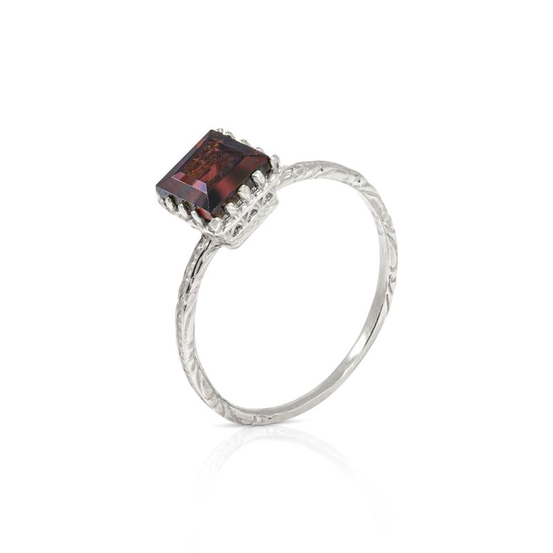 14K White gold Squere Red Garnet Ring - Engagement Ring , Handmade 