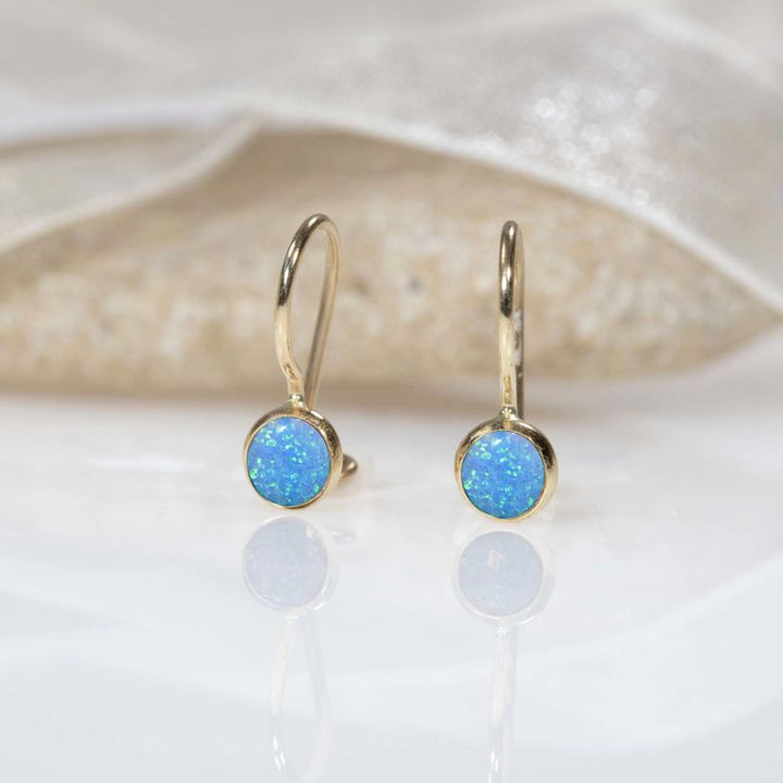 14k Solid Gold 4mm Blue Opal Dangle Earrings for Girls