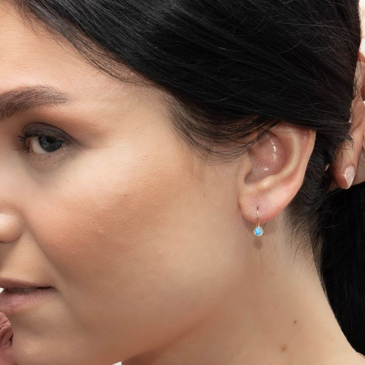 14k Solid Gold 4mm Blue Opal Dangle Earrings for Girls