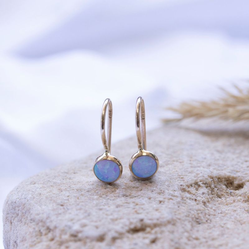 14k Solid Gold 4mm Blue Opal Dangle Earrings for Girls