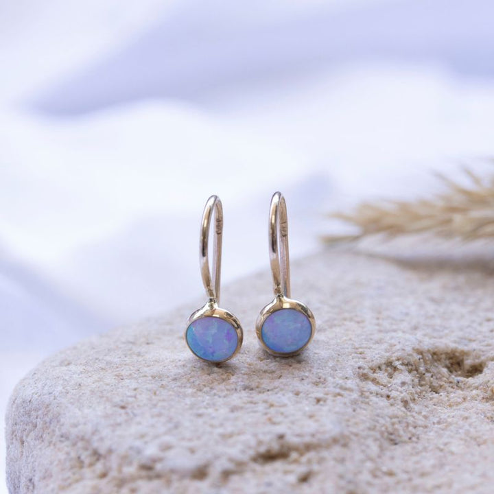 14k Solid Gold 4mm Blue Opal Dangle Earrings for Girls