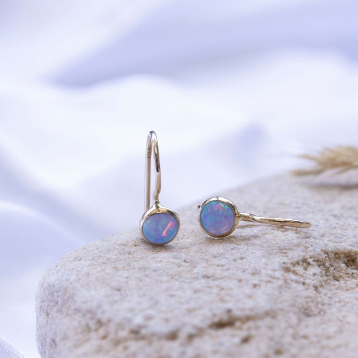 14k Solid Gold 4mm Blue Opal Dangle Earrings for Girls
