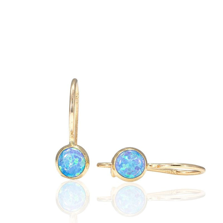 14k Solid Gold 4mm Blue Opal Dangle Earrings for Girls