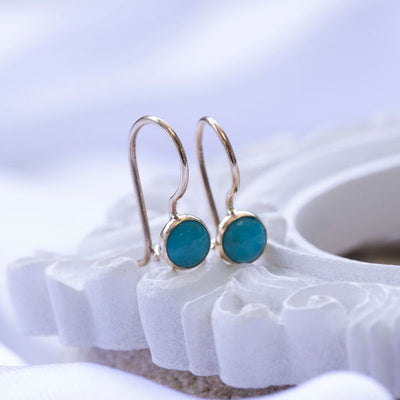 14k Solid Gold 4mm Turquoise Dangle Earrings for Girls