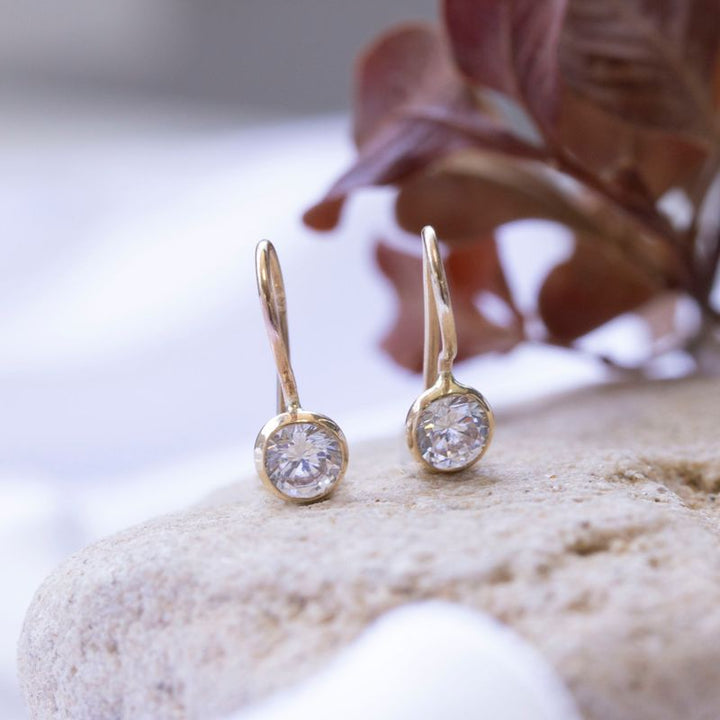 14K Yellow Gold Round White Cubic zirconia Earrings - Bridal Jewelry , Handmade 