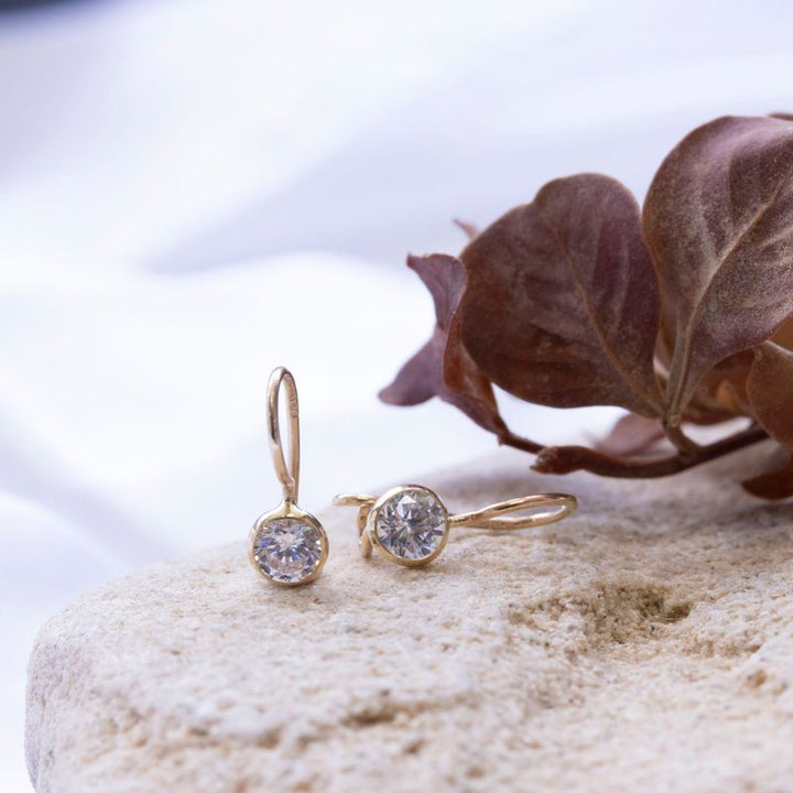 14K Yellow Gold Round White Cubic zirconia Earrings - Bridal Jewelry , Handmade 