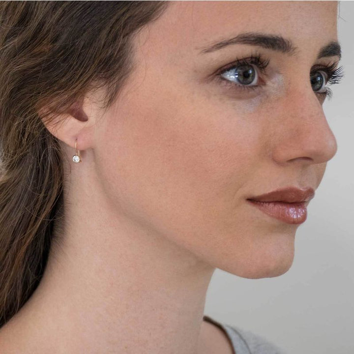 14K Yellow Gold Round White Cubic zirconia Earrings - Bridal Jewelry , Handmade 