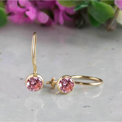 14k Solid Gold 4mm Pink CZ Dangle Earrings for Girls