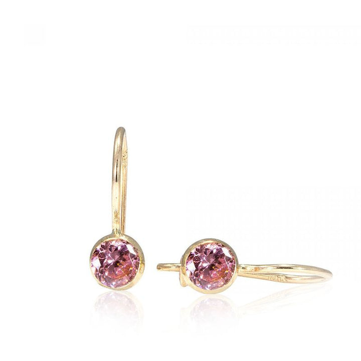 14k Solid Gold 4mm Pink CZ Dangle Earrings for Girls