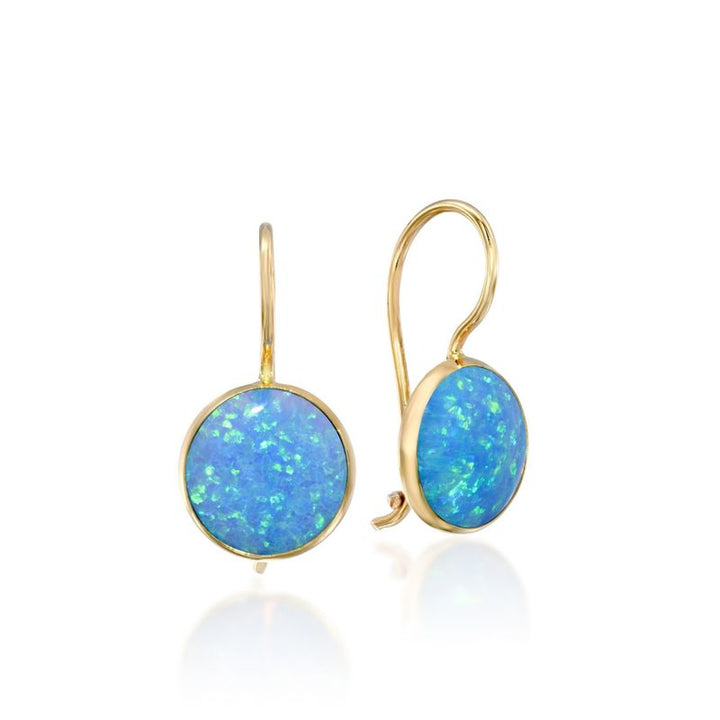 14K Gold Round 8mm Blue Opal Dangle Earrings