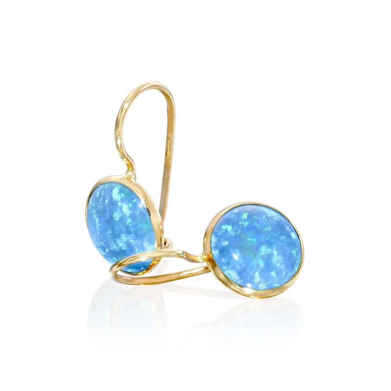 14K Gold Round 8mm Blue Opal Dangle Earrings