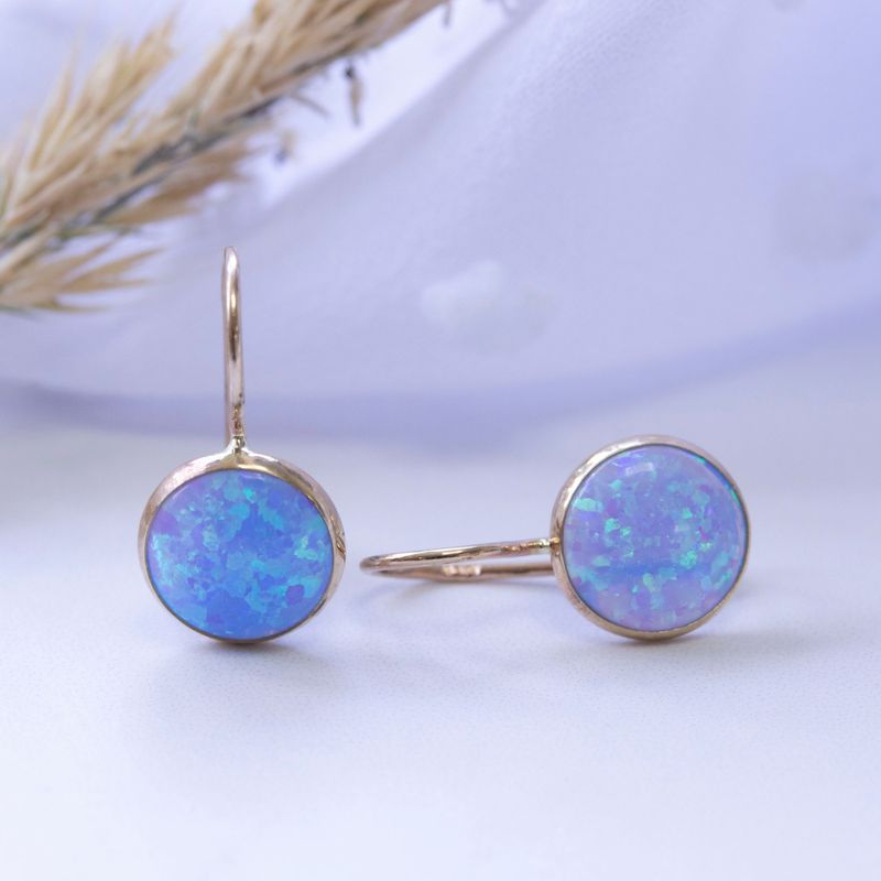 14K Gold Round 8mm Blue Opal Dangle Earrings