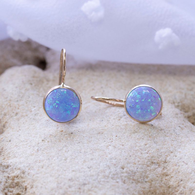 14K Gold Round 8mm Blue Opal Dangle Earrings