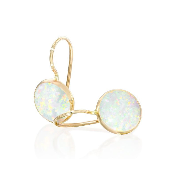 14K Gold Round 8mm White Opal Dangle Earrings