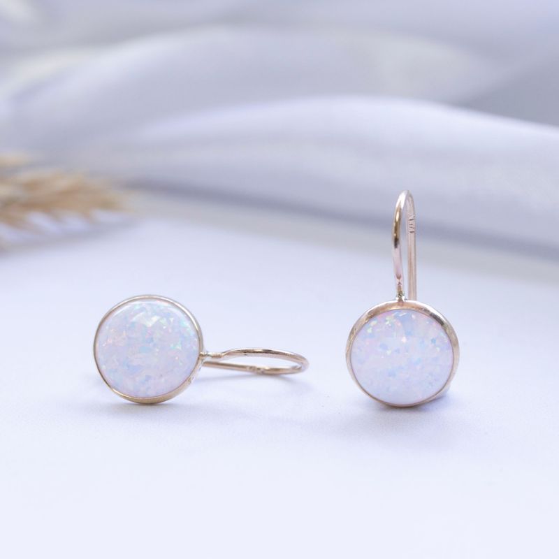 14K Gold Round 8mm White Opal Dangle Earrings