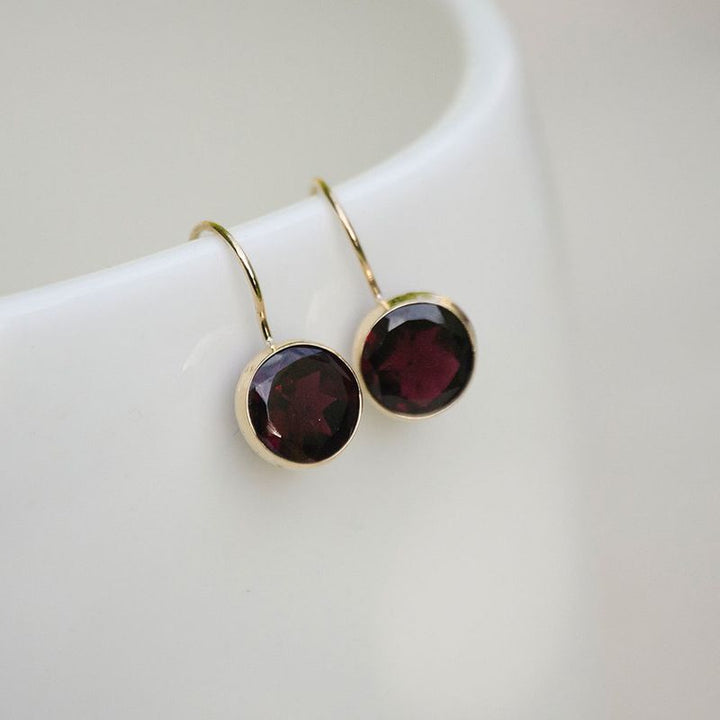 14K Gold Round 8mm Garnet Dangle Earrings