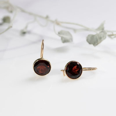14K Gold Round 8mm Garnet Dangle Earrings