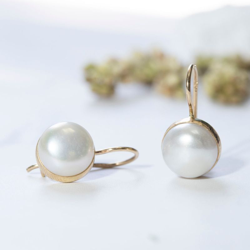 14K Gold Round 8mm White Pearl Dangle Earrings