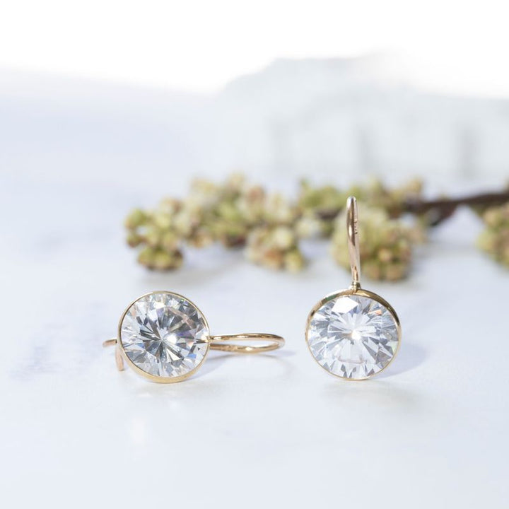 14K Gold Round 8mm White CZ Dangle Earrings