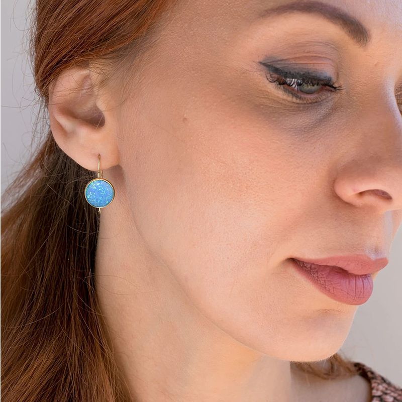 14K Gold Round 12mm Blue Opal Dangle Earrings