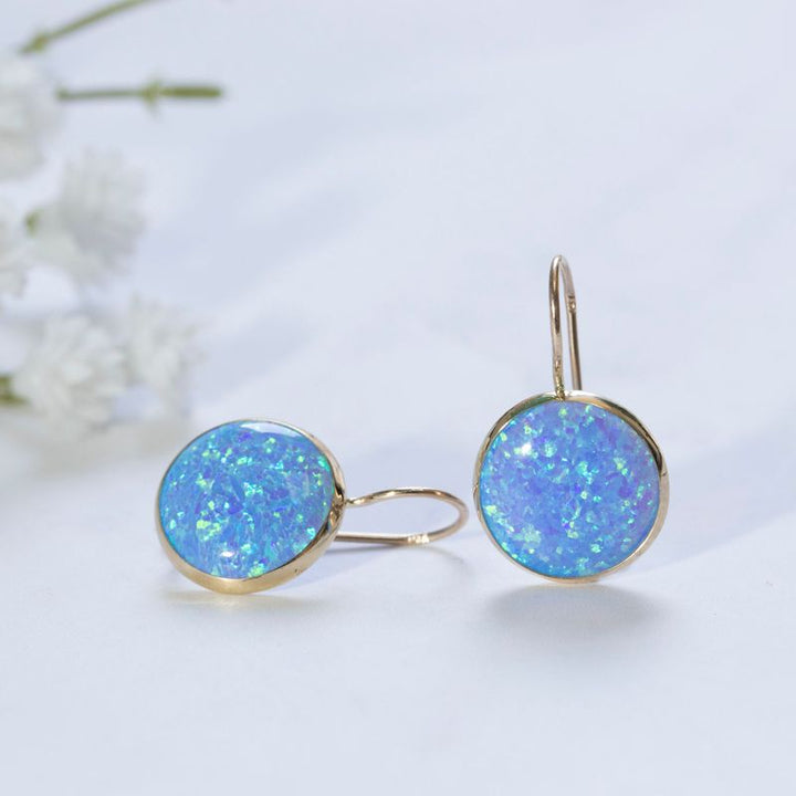 14K Gold Round 12mm Blue Opal Dangle Earrings