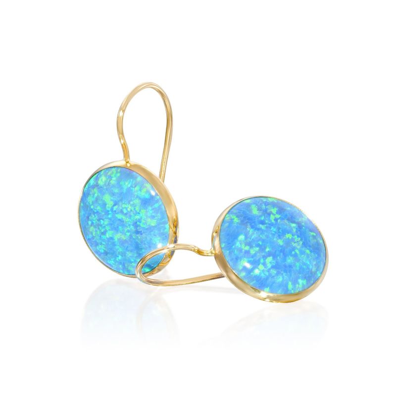 14K Gold Round 12mm Blue Opal Dangle Earrings