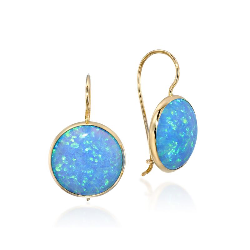 14K Gold Round 12mm Blue Opal Dangle Earrings