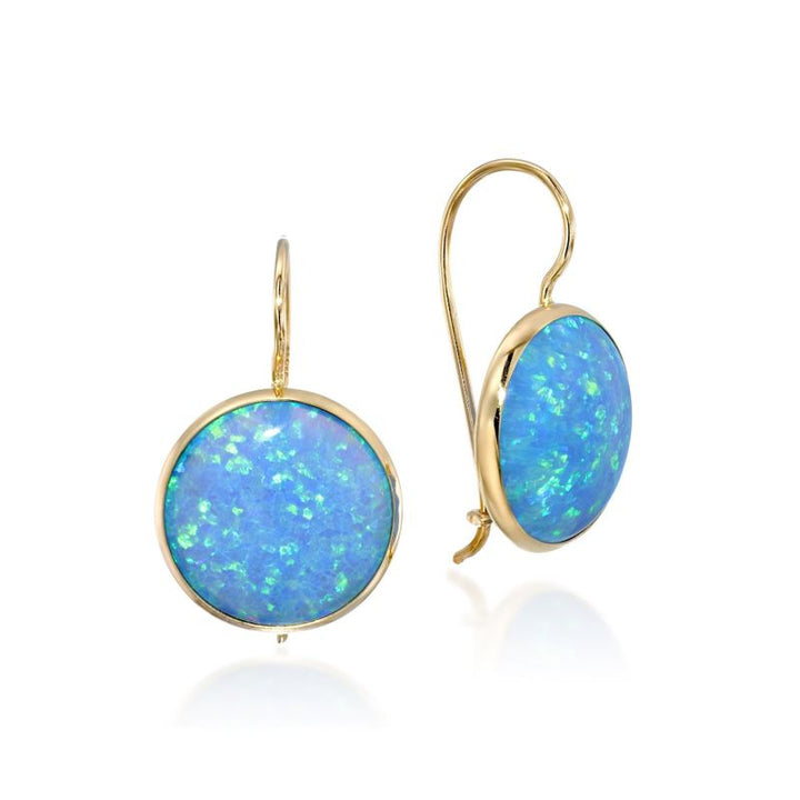 14K Gold Round 12mm Blue Opal Dangle Earrings