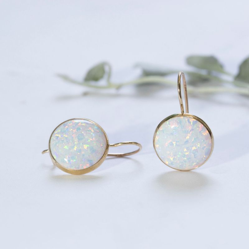 14K Gold Round 12mm White Opal Dangle Earrings