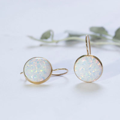 14K Gold Round 12mm White Opal Dangle Earrings