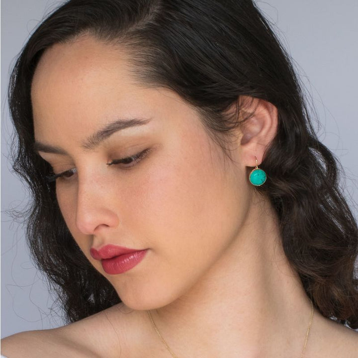 14K Gold Round 12mm Turquoise Dangle Earrings