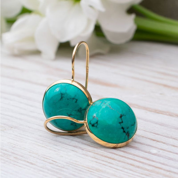 14K Gold Round 12mm Turquoise Dangle Earrings