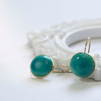 14K Gold Round 12mm Turquoise Dangle Earrings