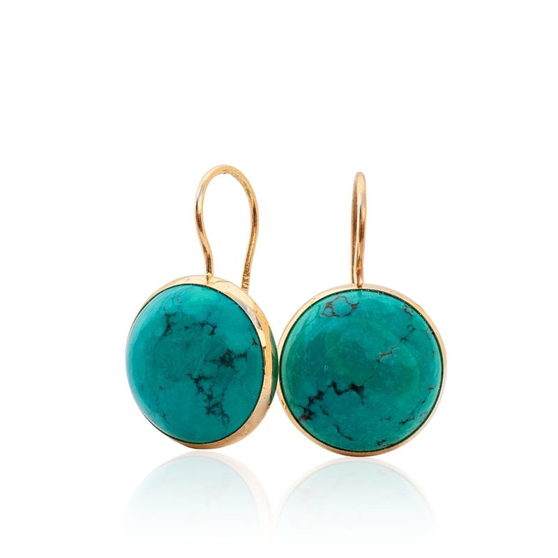 14K Gold Round 12mm Turquoise Dangle Earrings