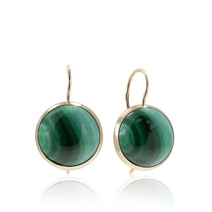 14K Gold Round 12mm Malachite Dangle Earrings