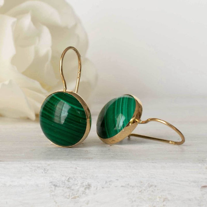 14K Gold Round 12mm Malachite Dangle Earrings