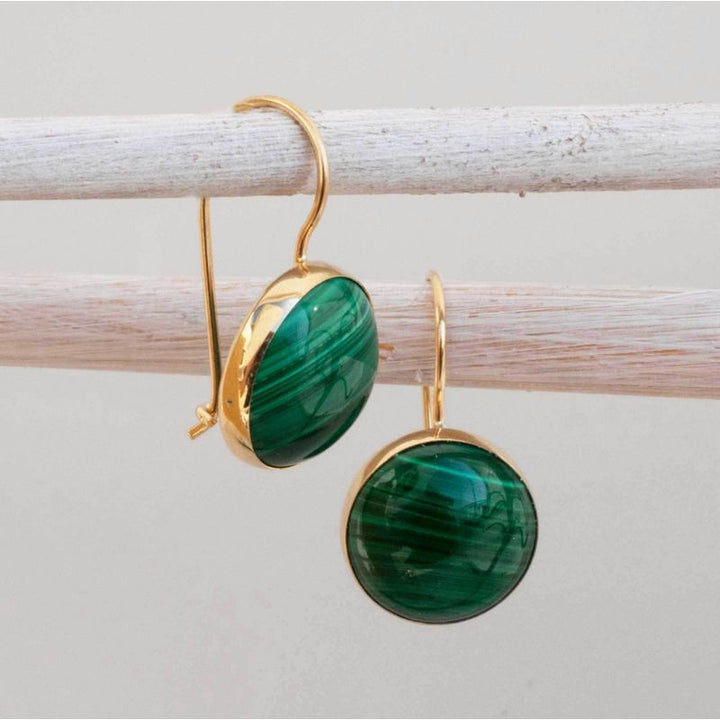 14K Gold Round 12mm Malachite Dangle Earrings