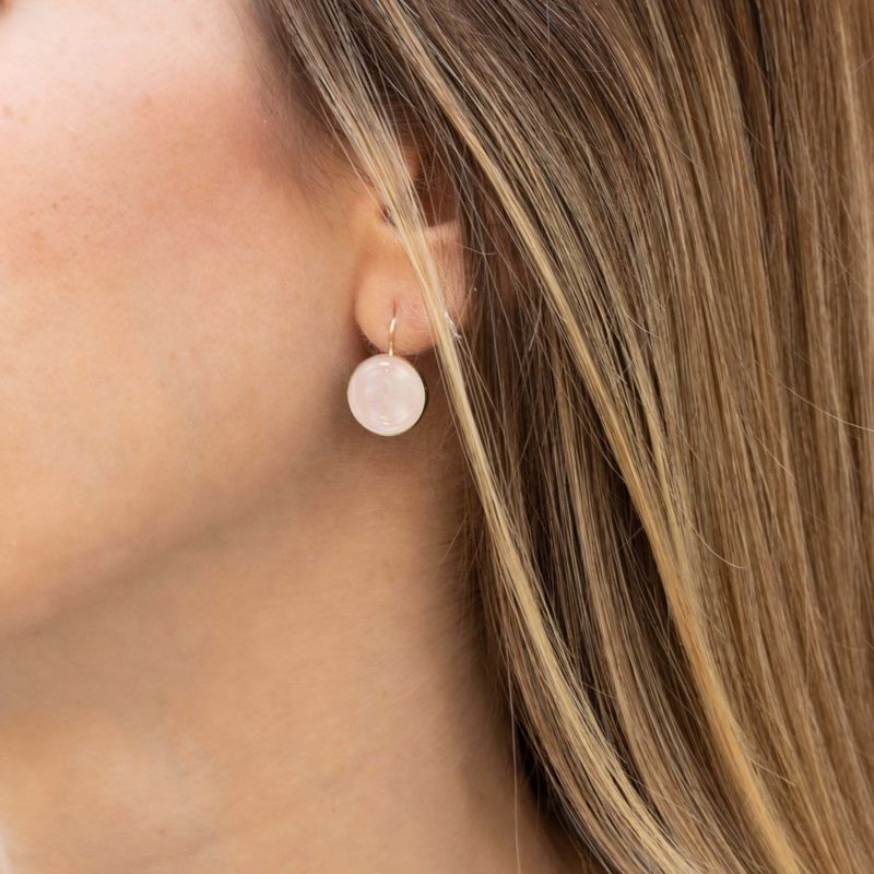 14K Gold Round 12mm Roze Quartz Dangle Earrings