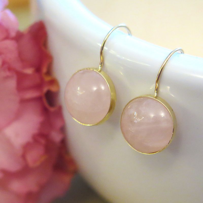 14K Gold Round 12mm Roze Quartz Dangle Earrings