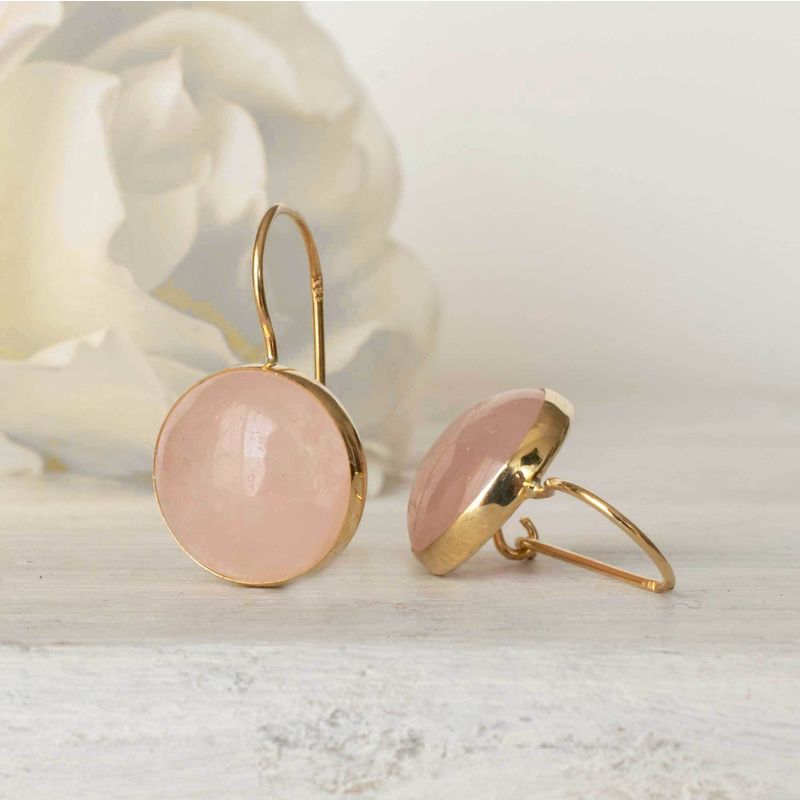 14K Gold Round 12mm Roze Quartz Dangle Earrings