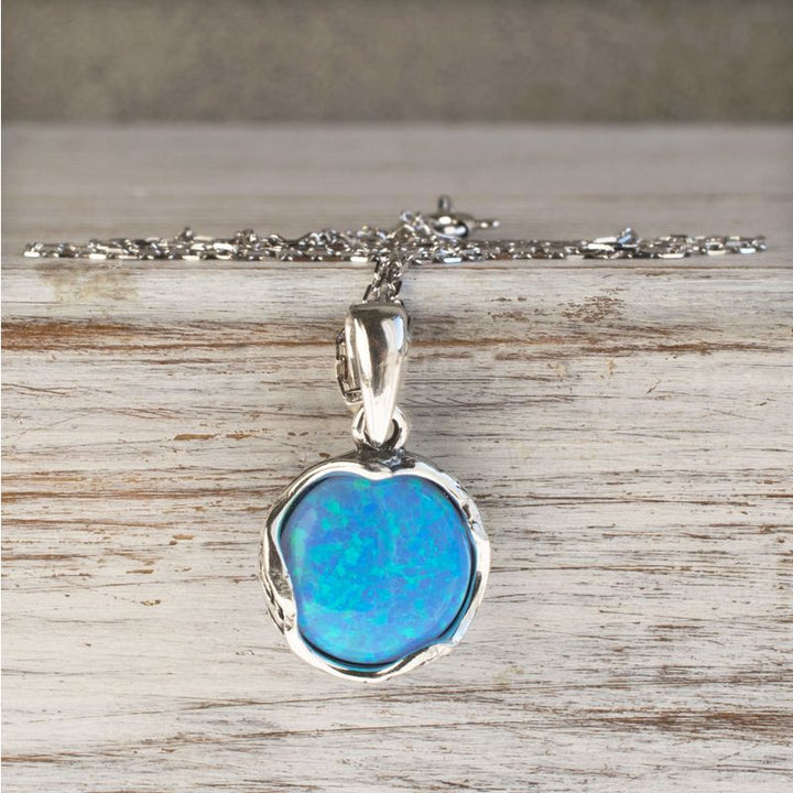 925 Sterling Silver Round Blue Opal 12mm Pendant