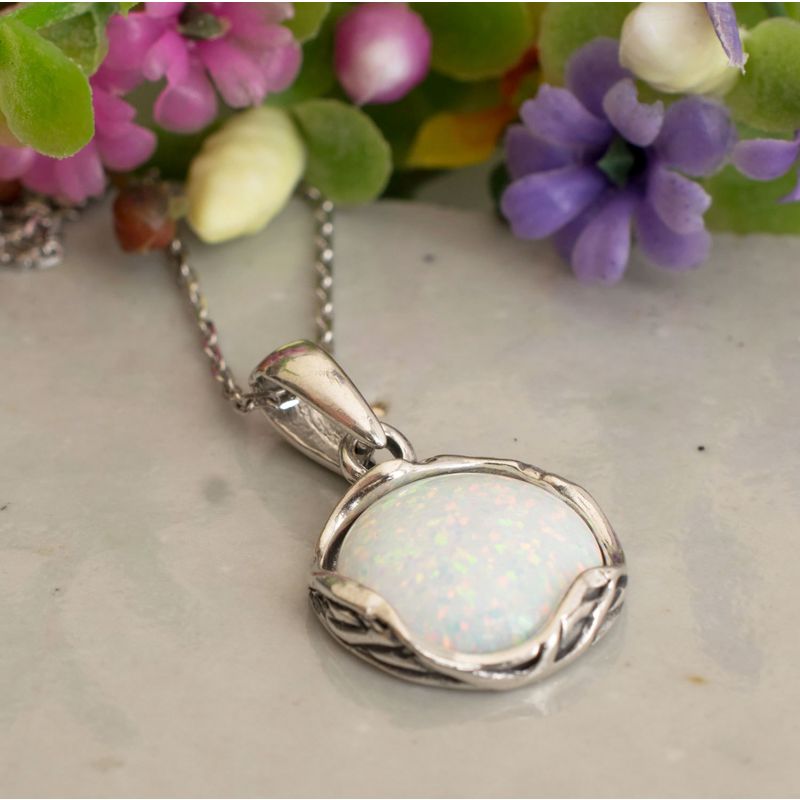925 Sterling Silver Round White Opal 12mm Pendant